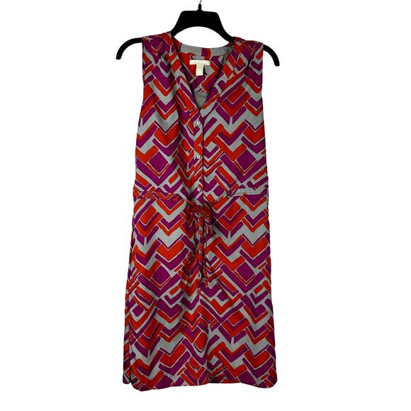 Banana Republic Geometric Print‎ V Neck Waist Cinch Button Up Sleeveless Dress 6 - Picture 1 of 8